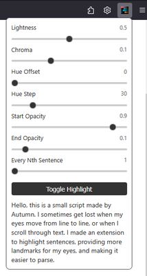 The extension menu. Sliders at the top, toggle towards the bottom. Has a small message with the purpose of the extension.