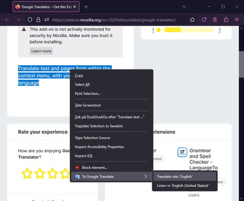 Right click on any text on any page to translate it