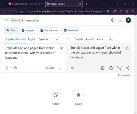 Right clicking on text will bring you to the google translate page with the language you selected pre-selected