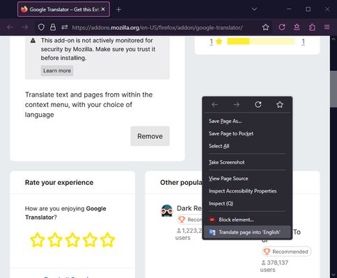Clicking on something that isn't selected text will bring up the option to translate the entire page