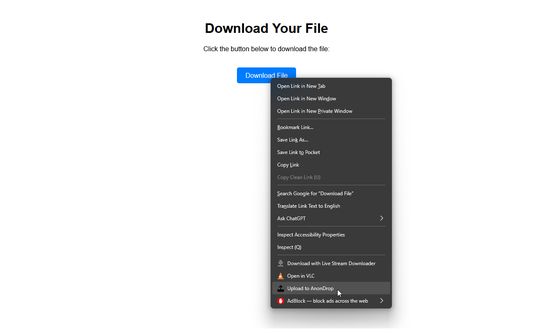 Upload to AnonDrop appears when right clicking on a file link or download button.
