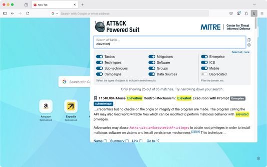Searching for "elevation" in the MITRE ATTACK® knowledge base.