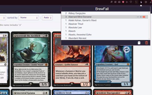 Screenshot of the plugin window displaying a list different cards and amounts, with the plugin controls