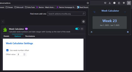Pressing 'gear' button will open extension options to adjust week offset value. Including ability to enable/disable option.