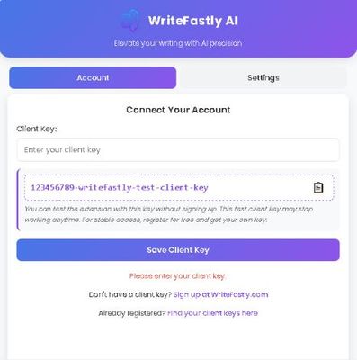 Copy and paste the client key to try it out. Register to use your own key.