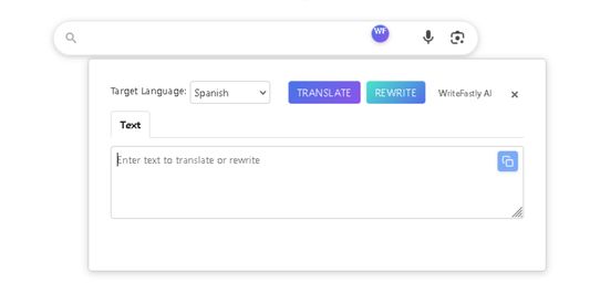 Translate or rewrite via popup, with language selection.