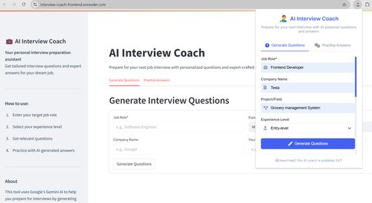 The AI Interview Coach is a extension designed to help job seekers prepare for interviews by generating tailored questions and model answers based on their target role, experience level, and background.