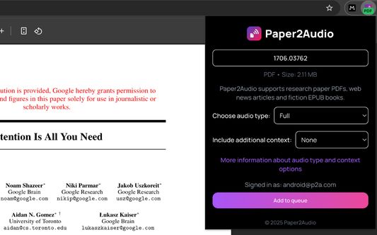 Add papers, articles and ebooks quickly using the Paper2Audio extension.