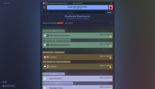Advanced duplicate bookmarks filter
