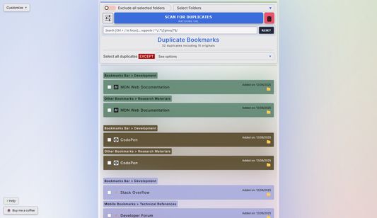 Advanced duplicate bookmarks finder