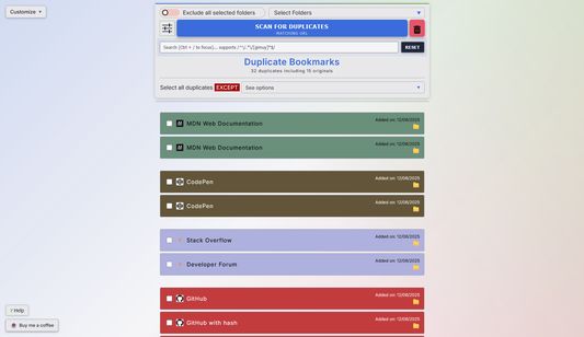 Advanced duplicate bookmarks finder