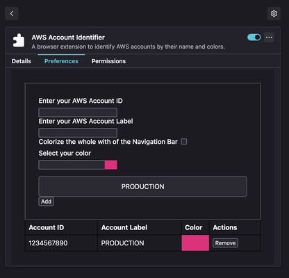 in the plugin options the configuration of AWS accounts and their colors and labels can be managed.