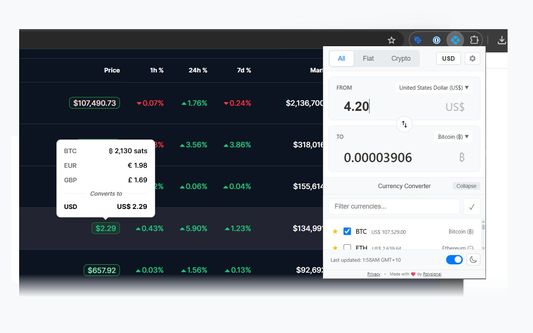 Convert currencies manually in the popup, or automatically by hovering over prices on a page