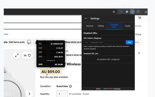 Easily disable on specific websites