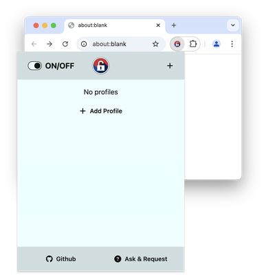 extension popup with shrinked form.
It contains on/off switch at left top, and add profile button at right top.
main view has no profiles. At bottom, there are github link and bug reporting page link.