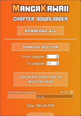 The pop-up window in extended mode on the first section, with a total size calculation of the selected files in progress. (EN)