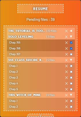 The pop-up window in extended mode on the second section, showing a filled download queue. (EN)