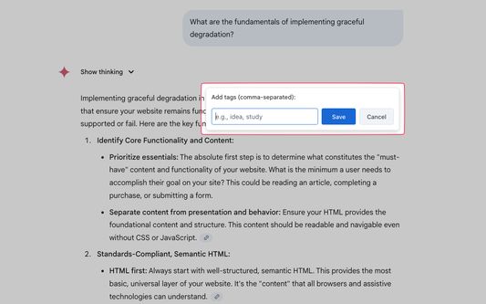 Tag editor appears after clicking the bookmark icon. Users can optionally enter a comma-separated list of tags.