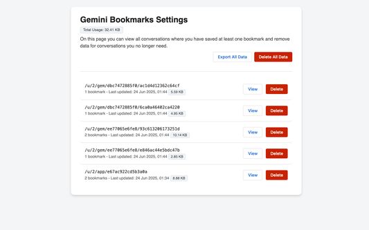 Conversation bookmarks can be managed from the options page.