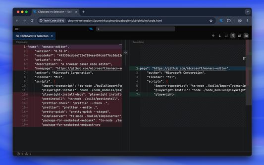 Compare files and snippets using the diff viewer