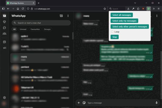 Firefox extension icon with popup window open, displaying message selection options for WhatsApp Web.