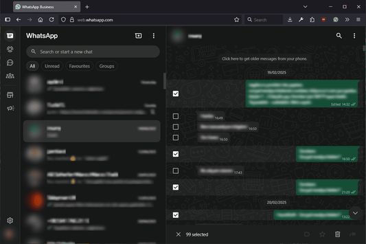 WhatsApp Web chat window "Loop" function, automatically selecting all messages after scrolling to load older messages.