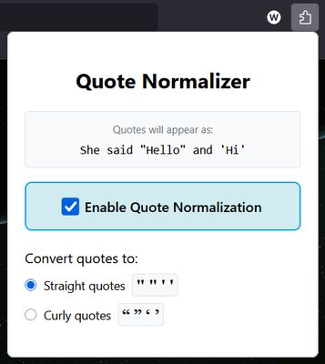 Extension settings: Toggle the quote normalizer on/off and choose between straight quotes or curly quotes as your preferred style.
