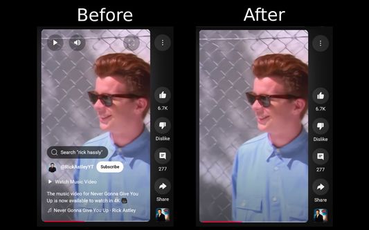 Before addon, elements are shown on top of the video. After installing the addon, these elements are hidden until the user hovers over the video.