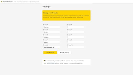 Prompt Manager Options page to change your prompt settings.