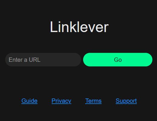 Screenshot of the extension pop-up. It shows an address bar with hint text "Enter a URL" and a green button labeled "Go". 

At the bottom are four links: Guide, Privacy, Terms, Support.