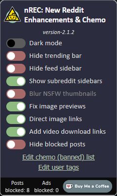 The user-interface. Additional control pages can be opened for manually editing banned subreddits and user tags.
