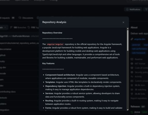 The extension displays a clean, scrollable modal with a full analysis of the repository, including purpose, tech stack, features, and more.