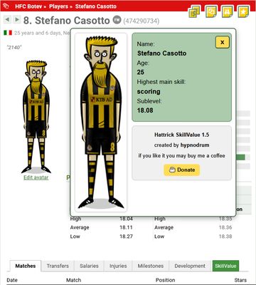 SkillValue Firefox extension popup displaying the player’s photo, name, age, highest main skill and calculated sublevel.