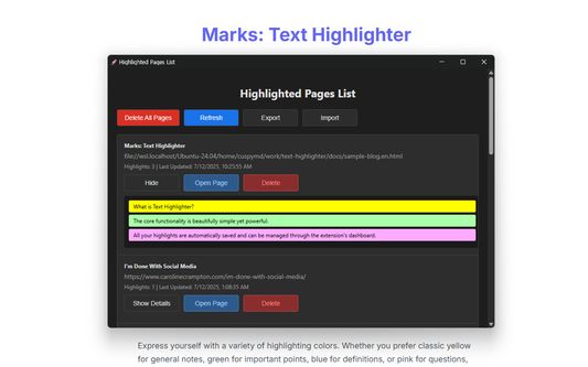 All highlighted pages overview with export/import functionality, individual page management, and bulk operations for organizing saved highlights