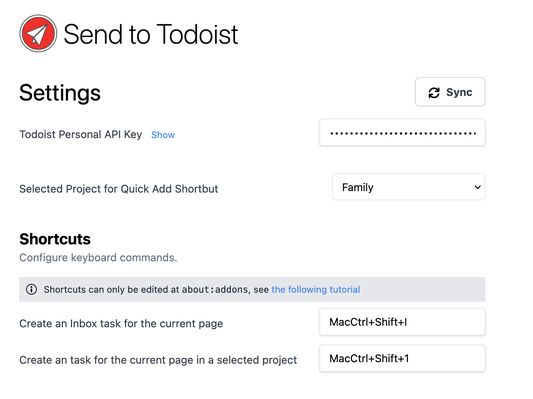 Settings page to configure the API token to connect to Todoist, sync project changes, and view keyboard shortcuts.