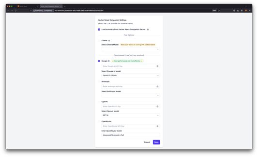Options allowing the user to provide API keys for cloud hosted LLMs