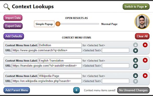 Default context menu items saved