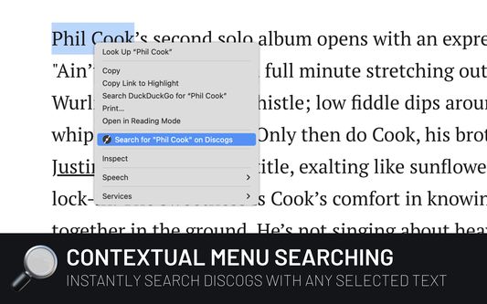 Search Discogs and other online record shops with any highlighted text on any webpage.