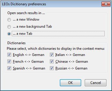The options for this add-on. Select where the translation will be displayed and which dictionaries to enable.