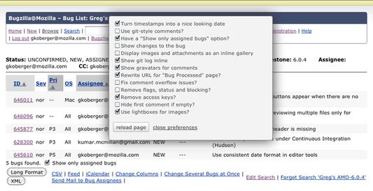 An example of what the preferences looks like.  Access it via "BugzillaJS Preferences" on the top and/or bottom of every page.