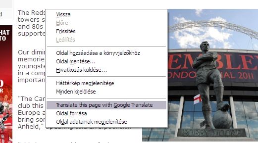Translating the full page: right-click on the page, click 'Translate this page with Google Translate'