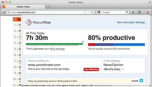 The RescueTime for Firefox window gives you an at-a-glance understanding of how your day is going.