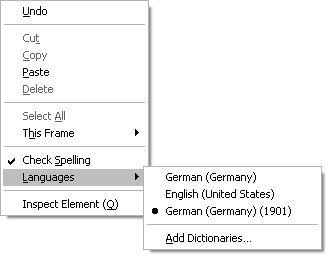Menu to select the language for spell-checking