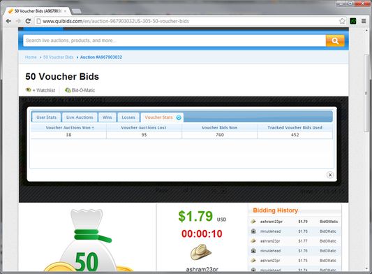 An example of a user specific "Voucher Bids Used" Quibids Report generated on the Quibids auction page when using Bid-Ninja