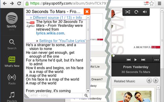 Lyrics for Spotify's Web Player.