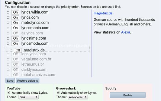Disable or re-order sources to get the most accurate lyrics. Customize the add-on's availability or theme for the supported sites.